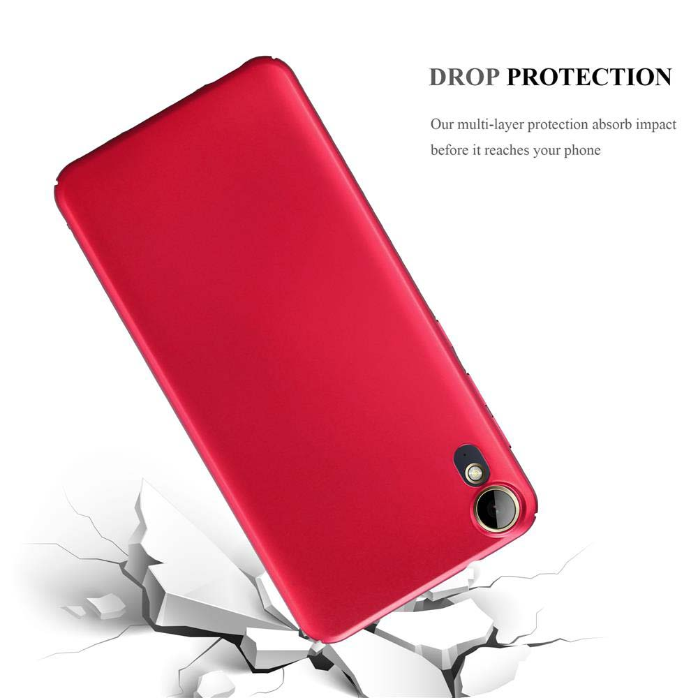 Funda de teléfono roja cayendo y rompiendo el suelo. Texto: Protección contra caídas.