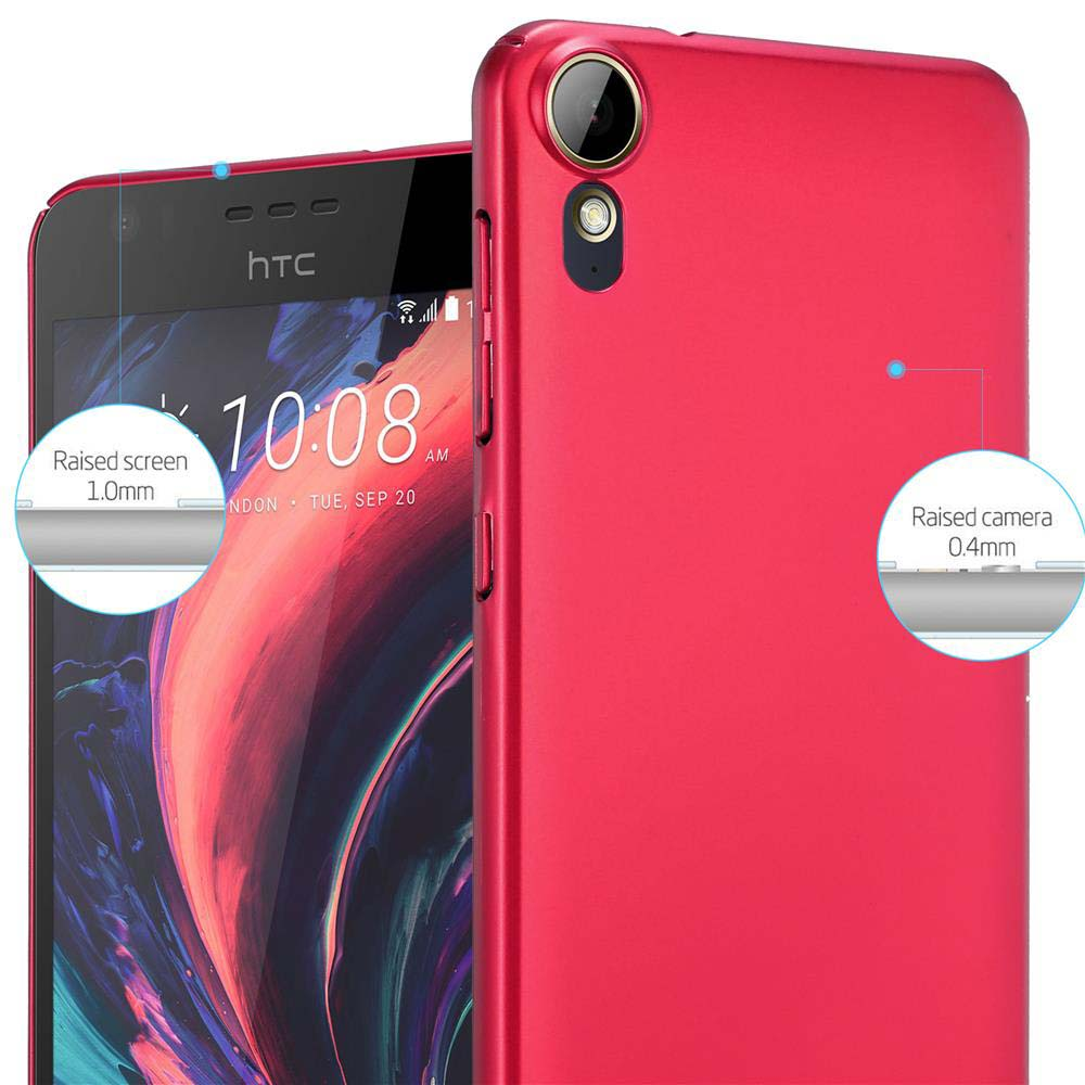 Funda de teléfono roja con áreas elevadas de pantalla y cámara. Logotipo de HTC en la parte superior.