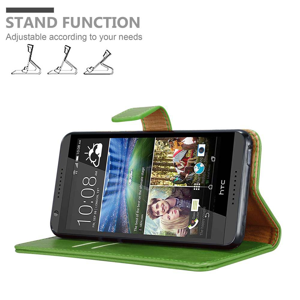 Telefono in custodia verde, aperto, appoggiato. Testo: Stand Function, Adjustable according to your needs.