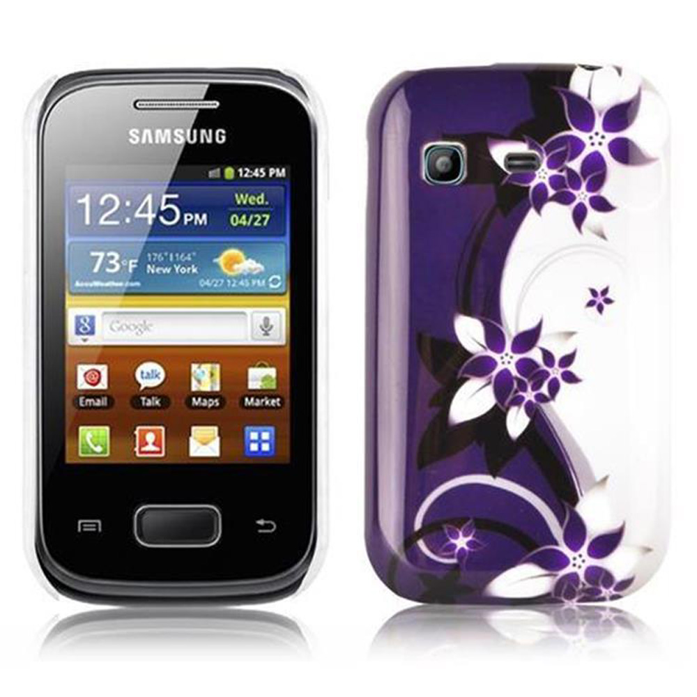 Un telefono Samsung con una custodia floreale viola. Il telefono mostra l'ora.