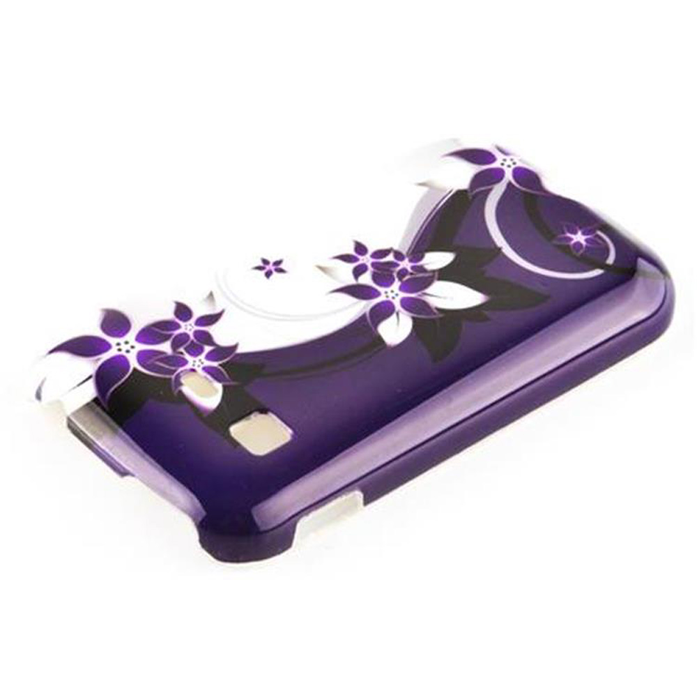 Una custodia per telefono viola con un design floreale. Fiori bianchi e viola sono stampati sulla custodia.