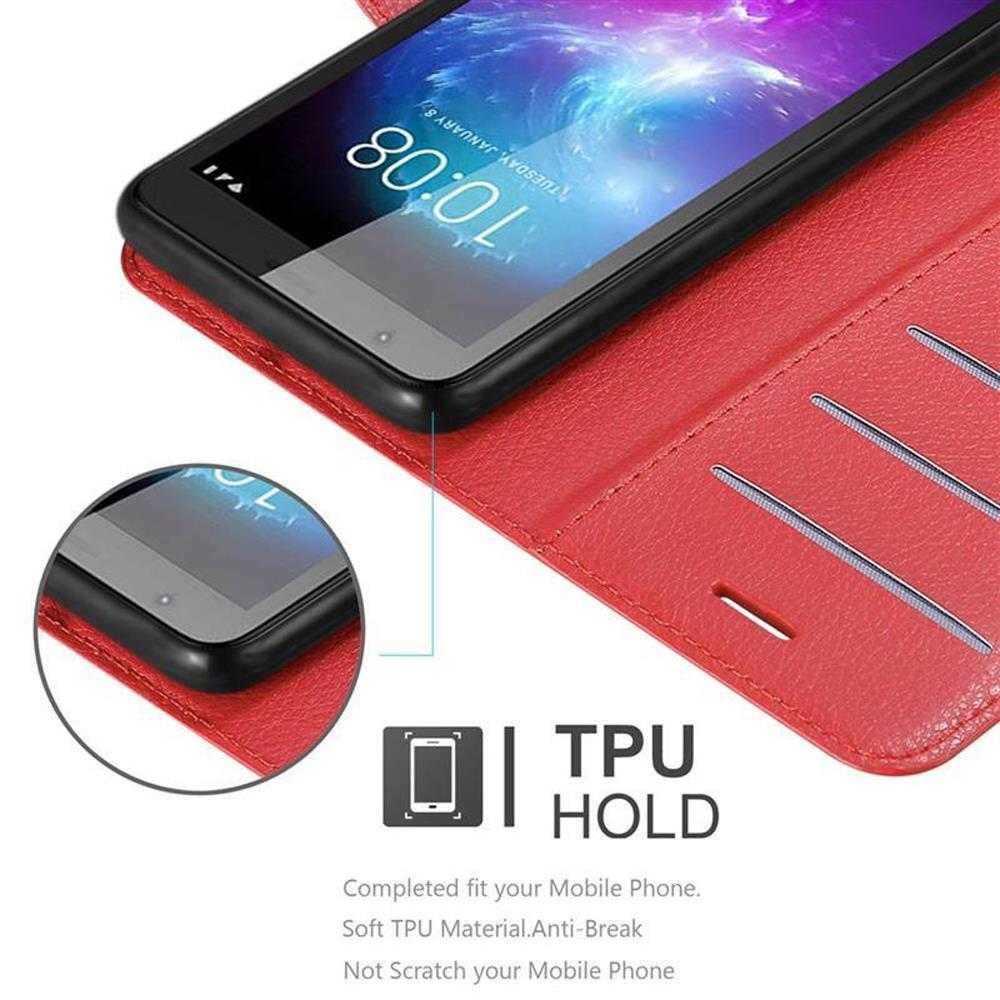 Rote Handyhülle mit Telefon, zeigt den Bildschirm. Die Hülle ist geöffnet, der Bildschirm sichtbar.