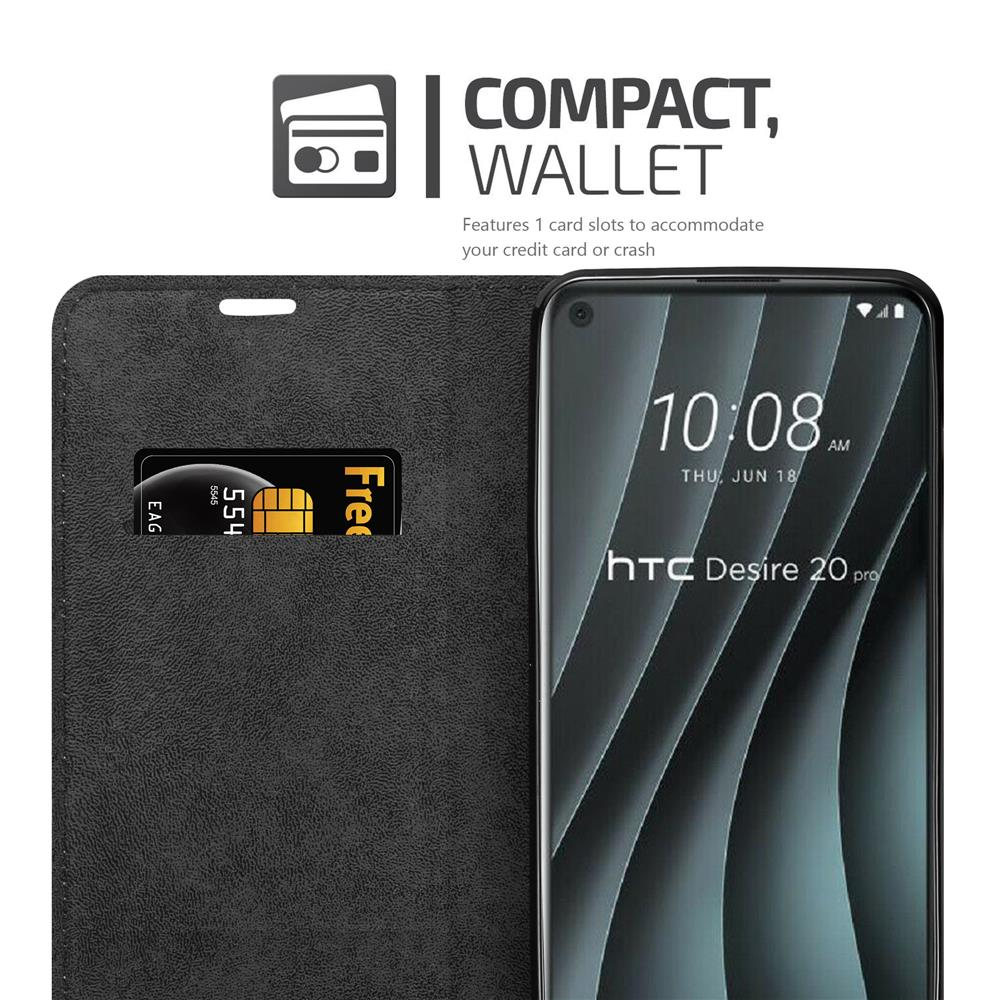 Telefon in schwarzer Brieftasche. Kartenfächer und Karte sichtbar. HTC Desire 20 pro auf dem Bildschirm.