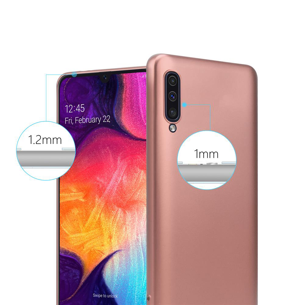 Una custodia per telefono oro rosa con un telefono all'interno. Mostra lo spessore: 1,2 mm e 1 mm.