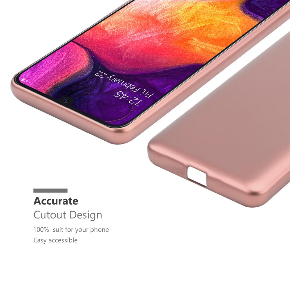 Un telefono oro rosa con la sua custodia. La custodia è aperta.