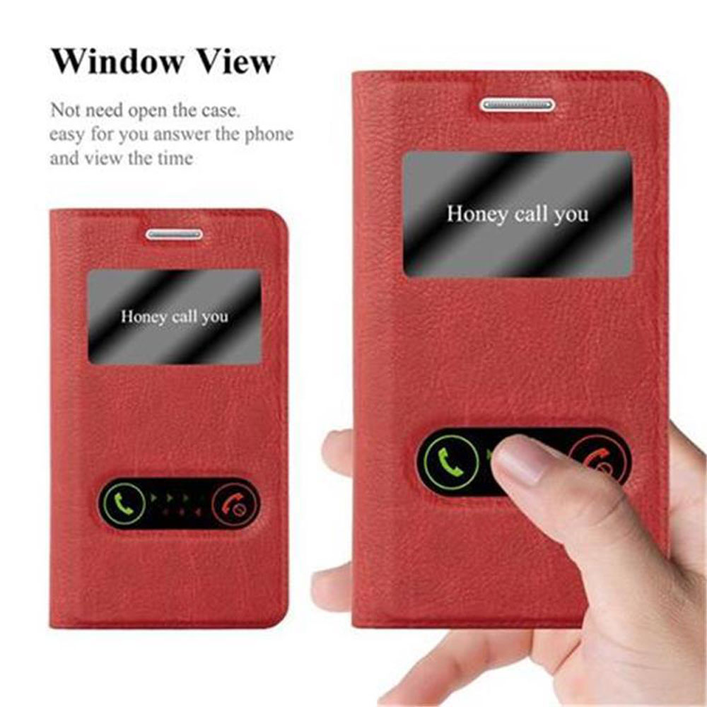 Funda de teléfono roja con vista de ventana. Se muestra una funda de teléfono roja con una ventana, que muestra la pantalla del teléfono con el mensaje 'Honey call you'.
