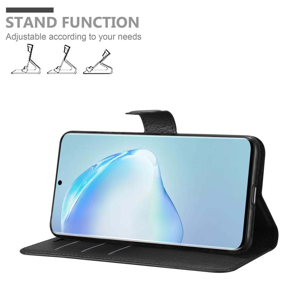 Schwarzes Telefon in schwarzer Hülle im Brieftaschenstil, offen. Text: Standfunktion, einstellbar.