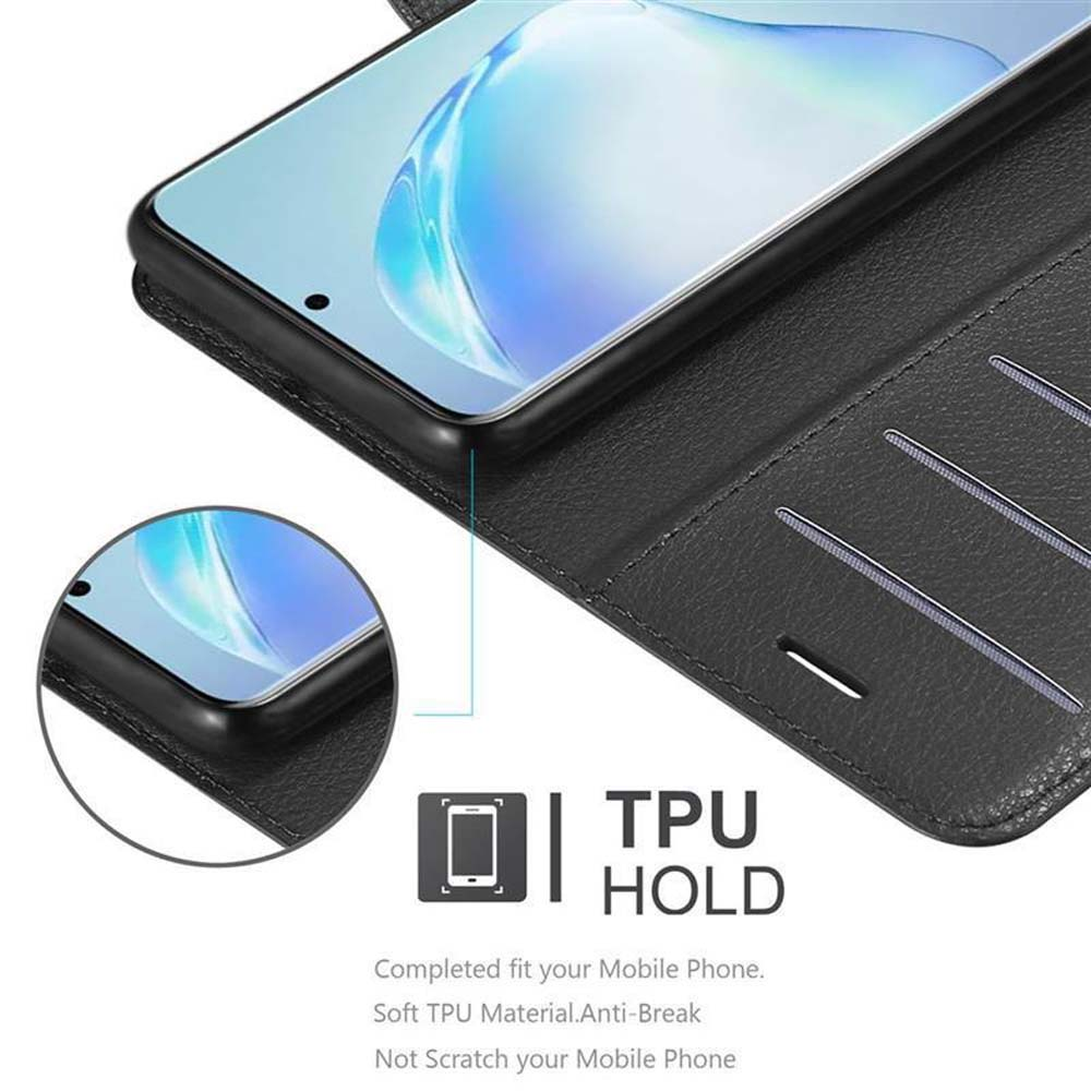 Schwarze Handyhülle mit einem Telefon darin. TPU HOLD Text ist sichtbar.