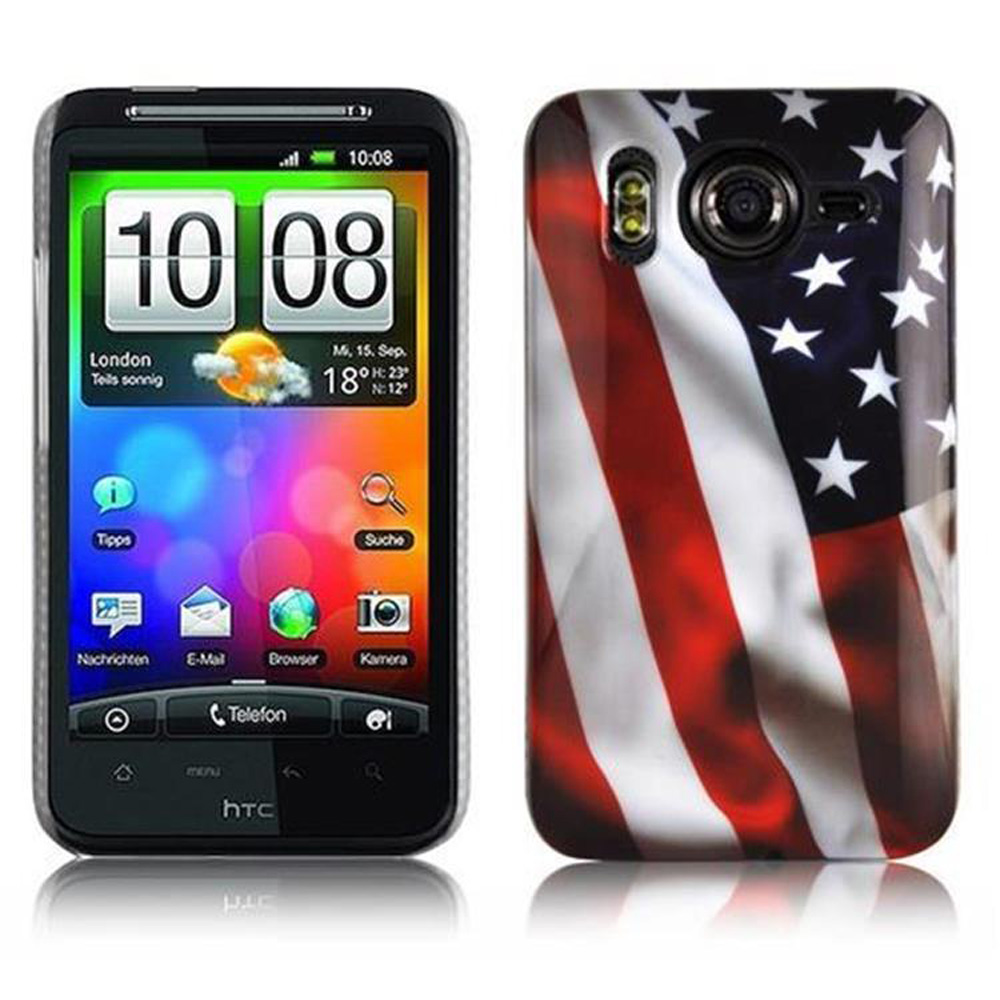 Teléfono con funda con bandera americana. La pantalla muestra la hora.