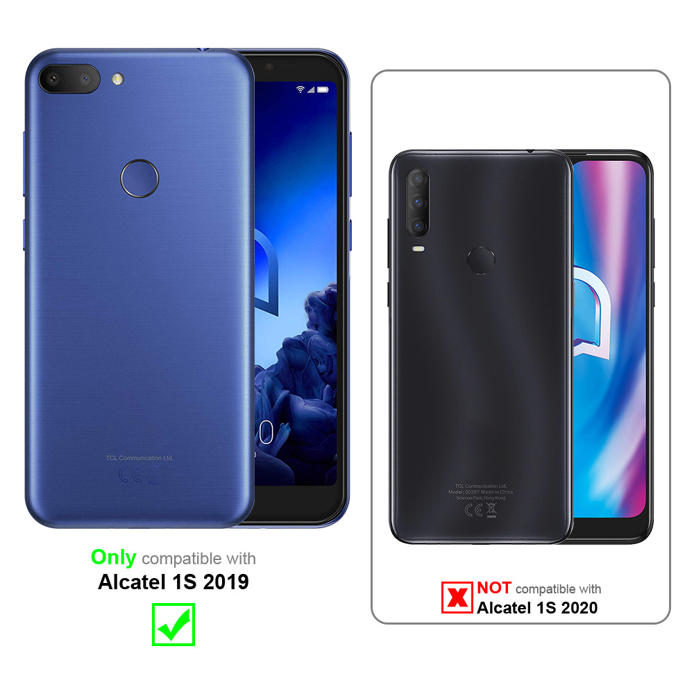 Due telefoni, uno con custodia, uno senza. Testi: compatibile con Alcatel 1S 2019, NON con Alcatel 1S 2020.