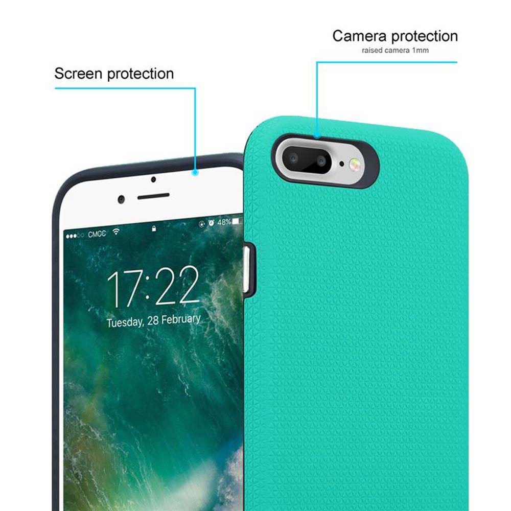 Una custodia per telefono verde acqua con un primo piano dei dettagli di protezione dello schermo e della fotocamera.