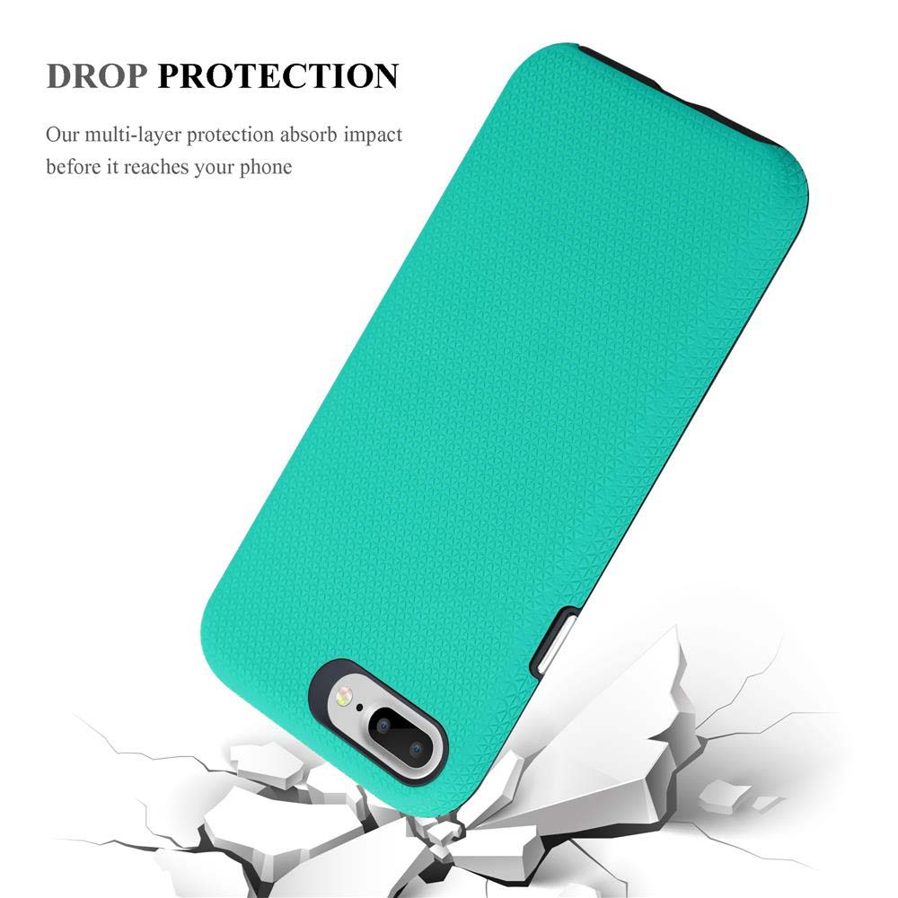 Una custodia per telefono color verde acqua su una superficie bianca, con superficie rotta sotto.