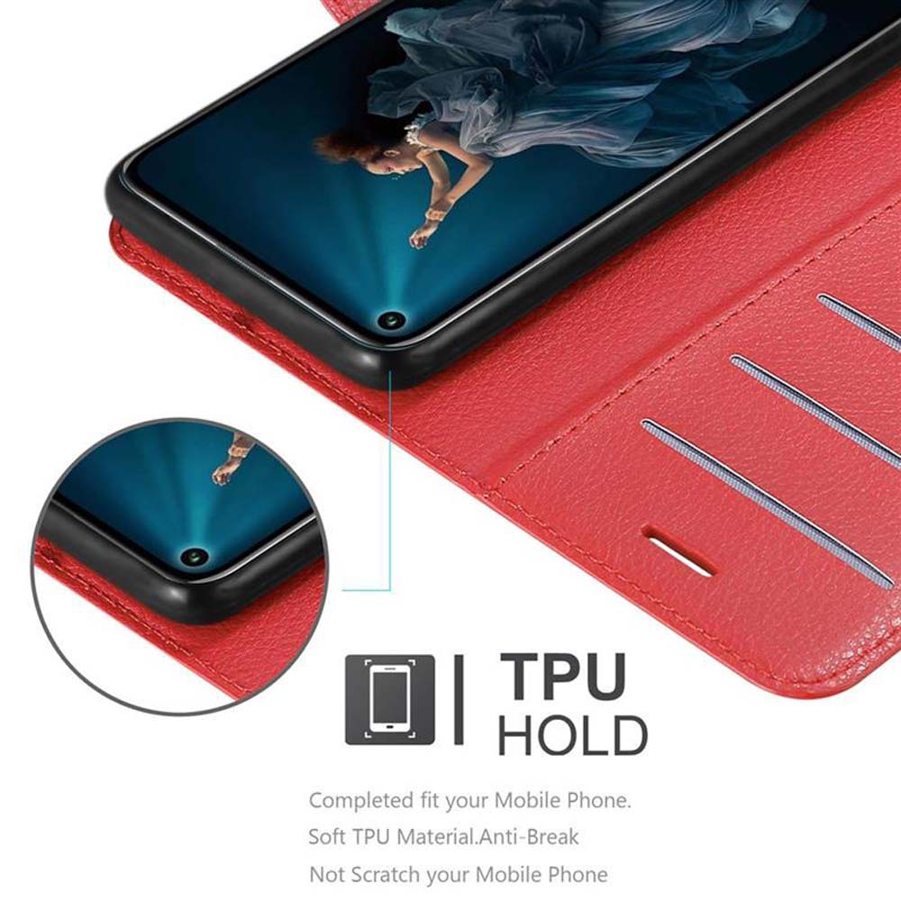 Eine rote Handyhülle ist geöffnet und zeigt einen Telefonbildschirm und Kartenfächer. Ein TPU HOLD-Logo ist sichtbar.