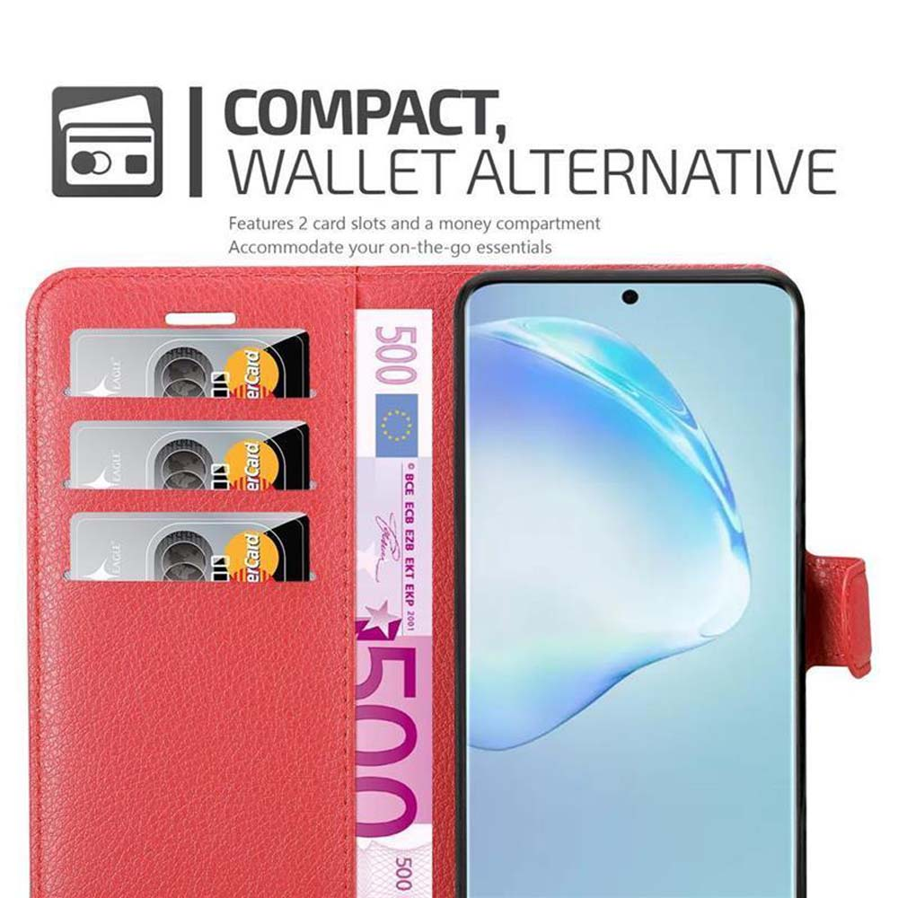 Una custodia per telefono rossa con fessure per carte e uno scomparto per soldi. Un telefono e denaro sono mostrati.