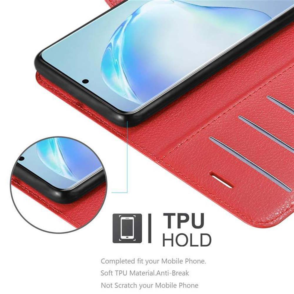 Custodia in pelle rossa aperta, con un telefono e fessure per carte di credito. Il telefono è su un tavolo.