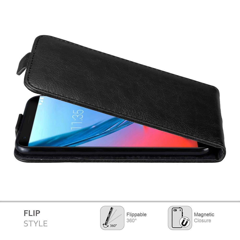 Schwarze Handyhülle, geöffnet, zeigt ein Telefon. Die Vorderseite hat einen Flip-Stil und einen Magnetverschluss.
