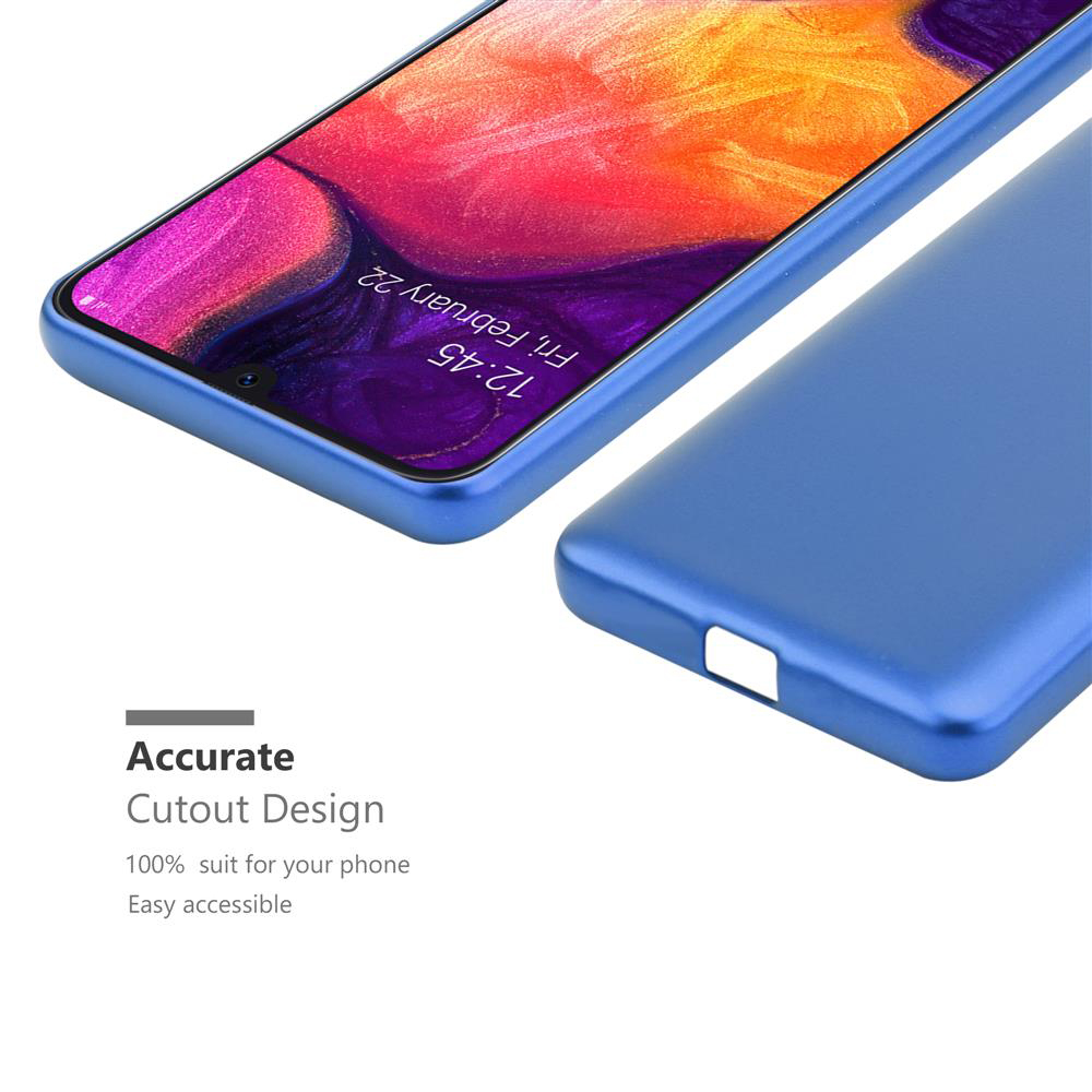 Custodia blu con telefono. Il testo indica un design preciso per un telefono.