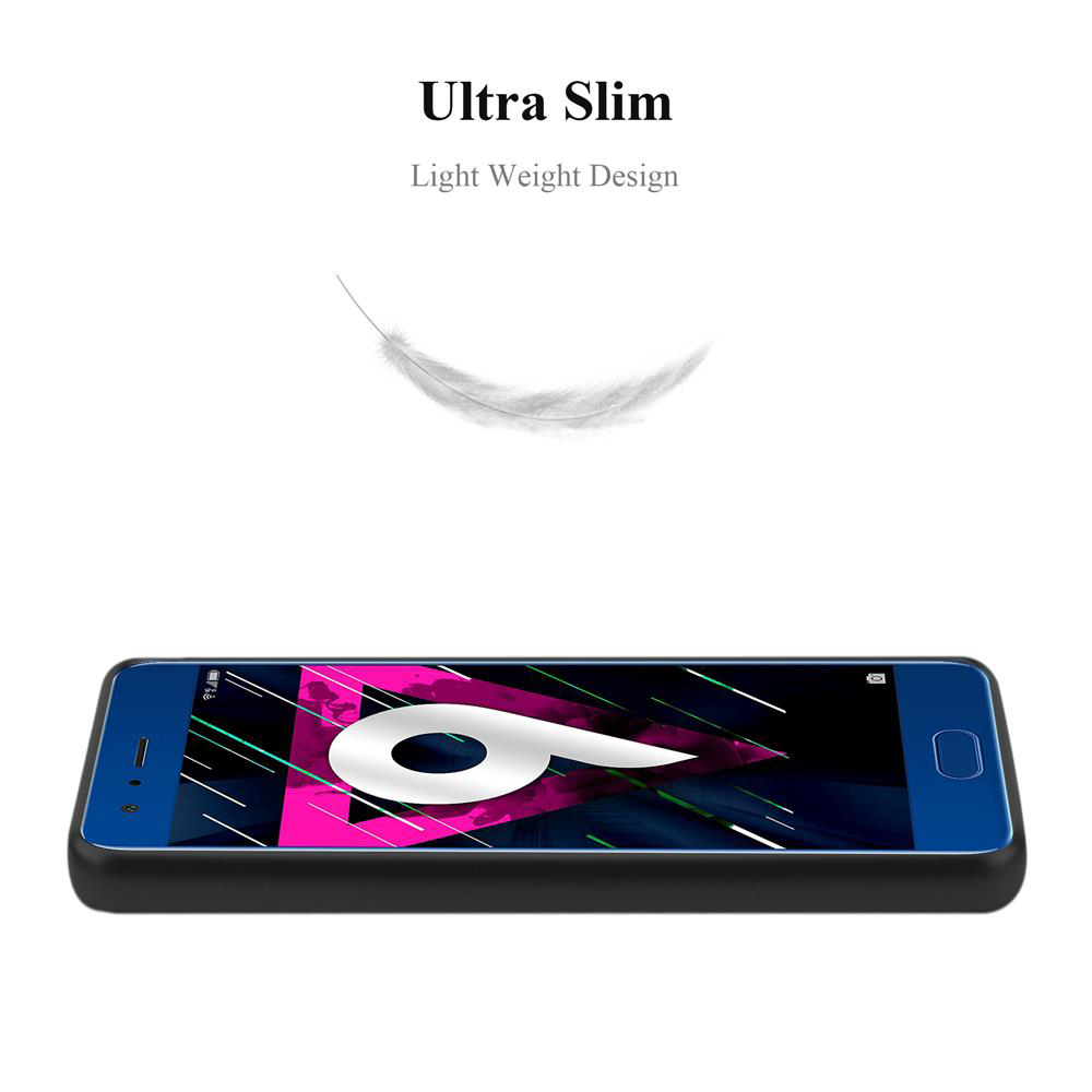 Telefono nero con protezione schermo, piuma bianca e testo "Ultra Slim Light Weight Design".