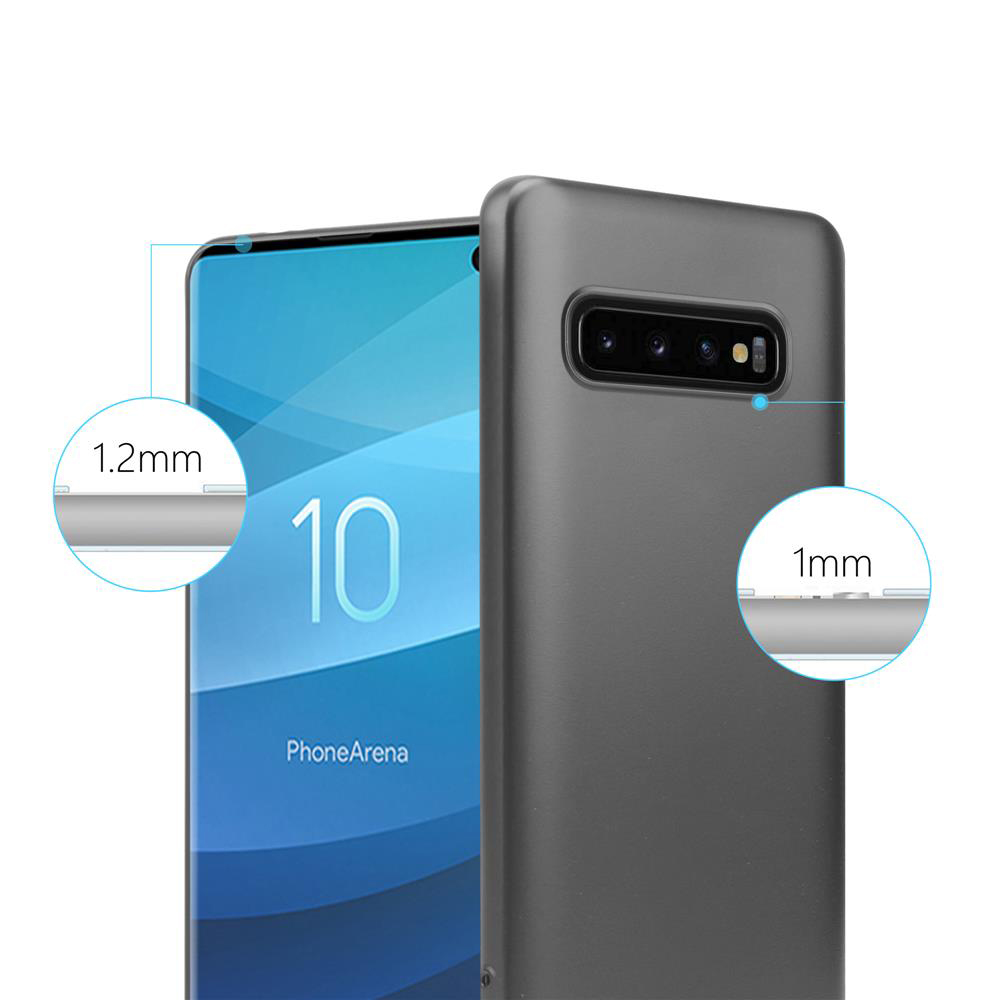 Custodia grigia accanto al telefono. Indicatori spessore: 1,2mm e 1mm.