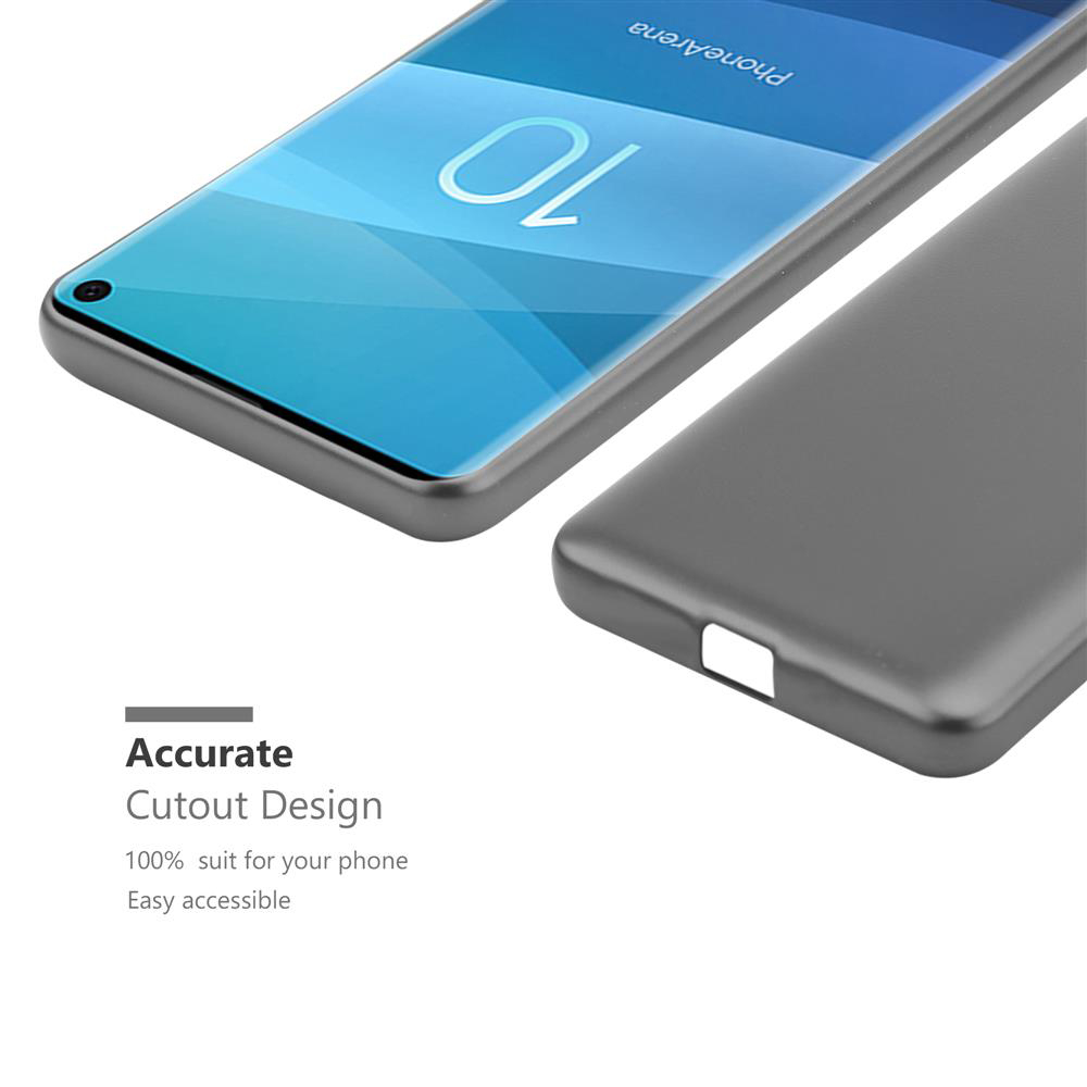 Due custodie grigie per telefono. Una è su un telefono che mostra uno schermo con la parola 'PhoneArena', l'altra è accanto.