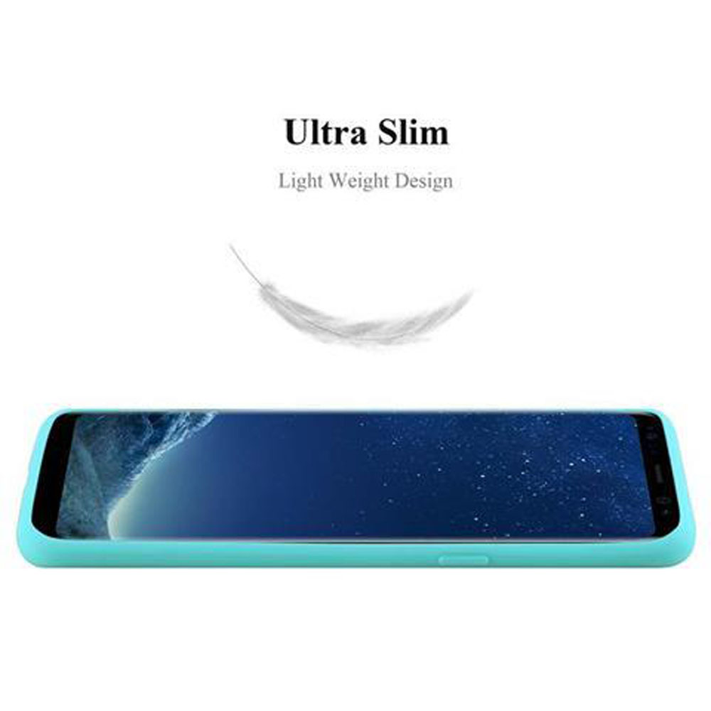 Custodia per telefono verde acqua con un telefono all'interno. Design leggero. Ultra sottile.