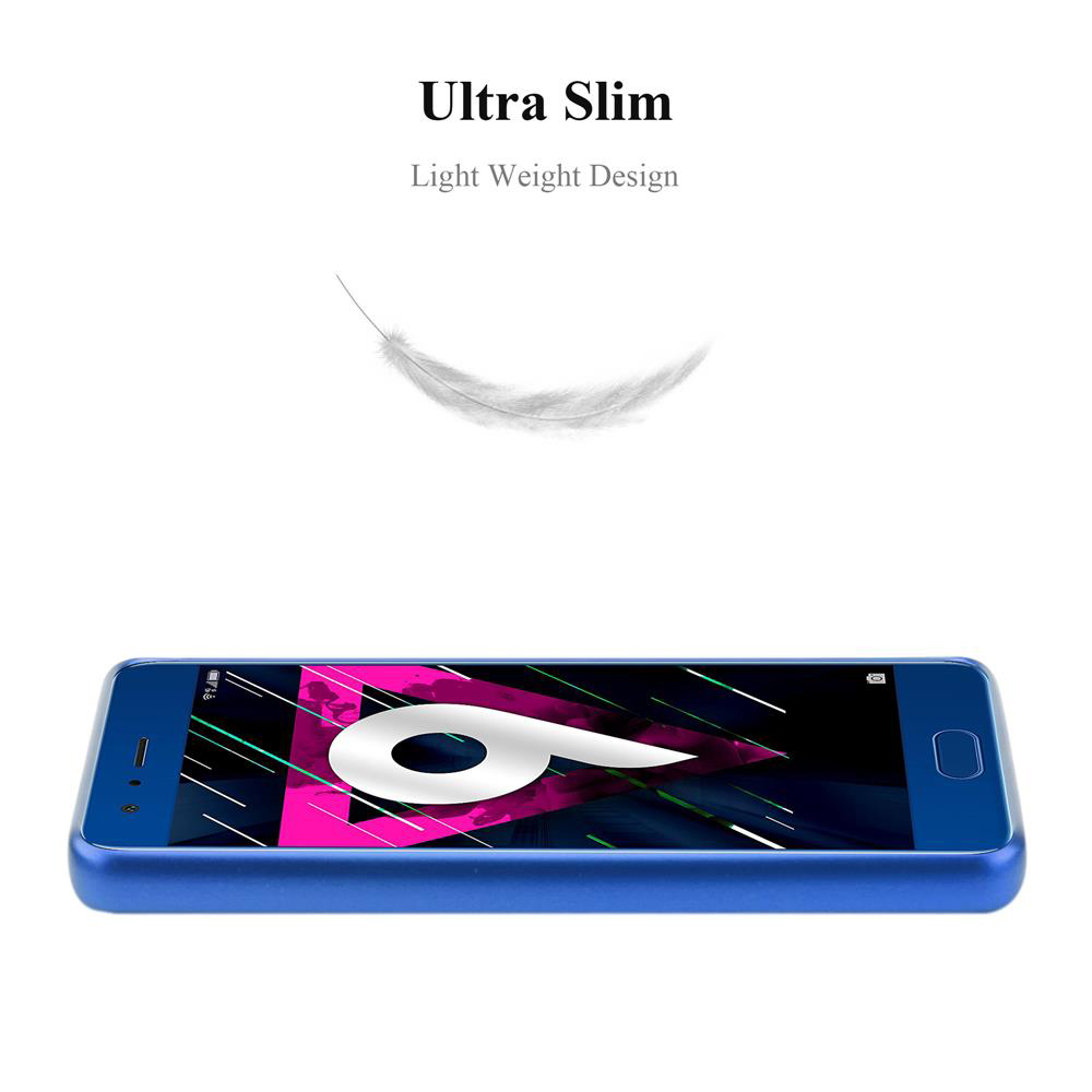Telefono blu su sfondo bianco, testo 'Ultra Slim' e una piuma.