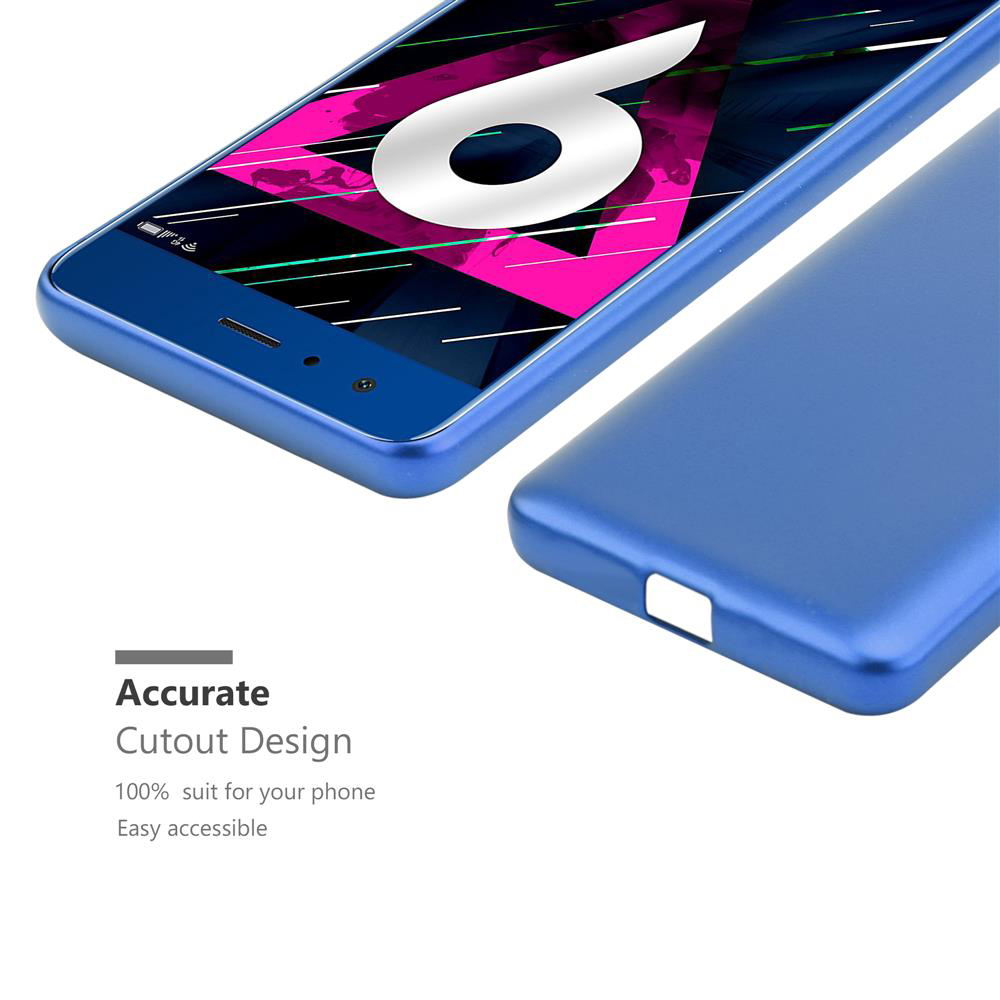 Custodia per telefono blu, telefono parzialmente visibile, con testo: Design di ritaglio accurato.