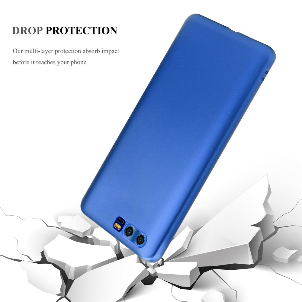 Una custodia blu per telefono sopra un terreno crepato, che illustra la protezione dalle cadute. Protezione dagli urti.