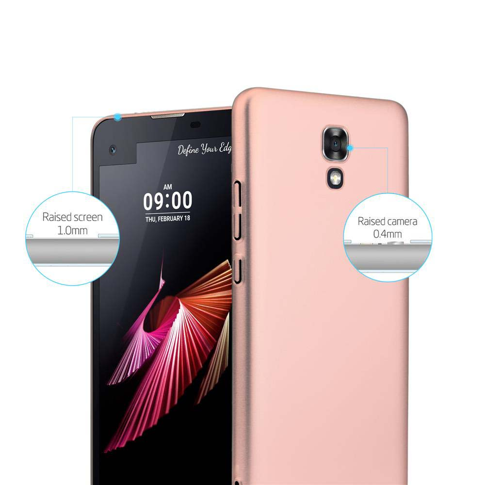 Ein pinkes Telefon und eine Handyhülle mit Details. Erhöhte Bildschirm- und Kameramessungen werden angezeigt.