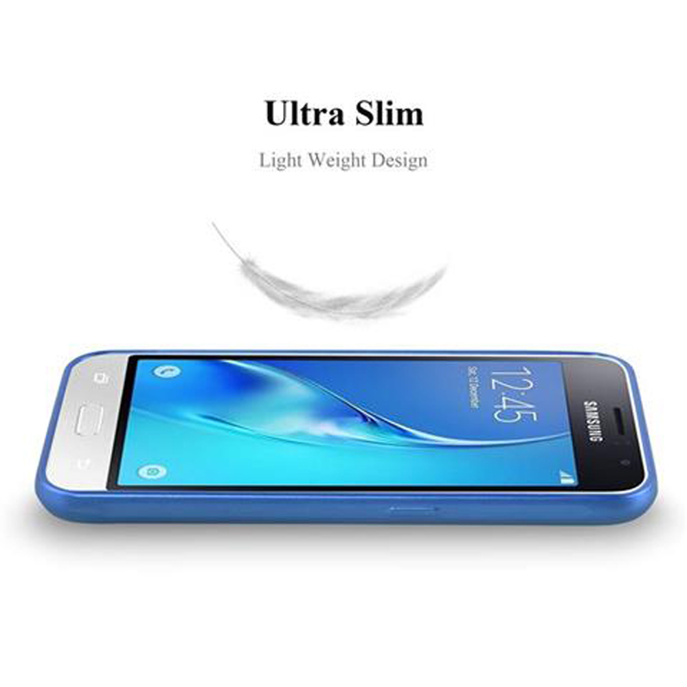 Blau umrandetes Telefon auf weißer Oberfläche, Federgrafik. Text: Ultra Slim, Light Weight Design. Telefon zeigt Zeit.