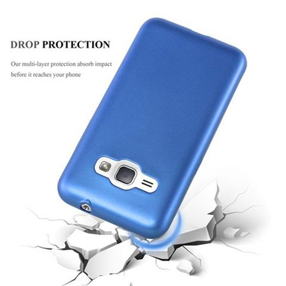 Blaue Handyhülle auf weißem Grund, mit Text 'DROP PROTECTION'.