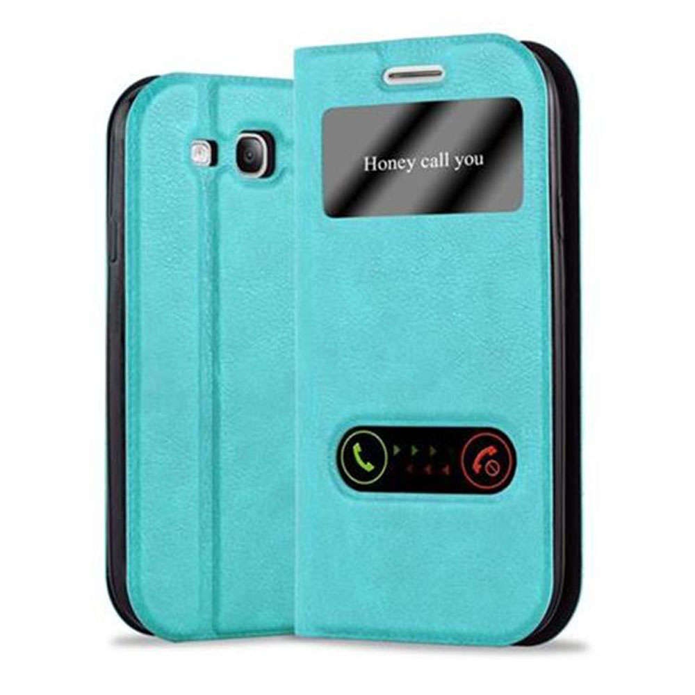 Funda de teléfono azul aguamarina con ventana. La funda dice "Honey call you". Borde negro.