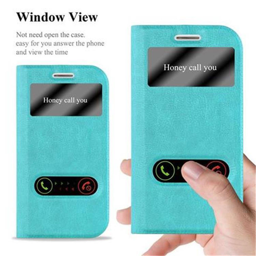 Dos fundas de teléfono abiertas, azules. Texto: Vista de ventana. Texto: Honey te llama.