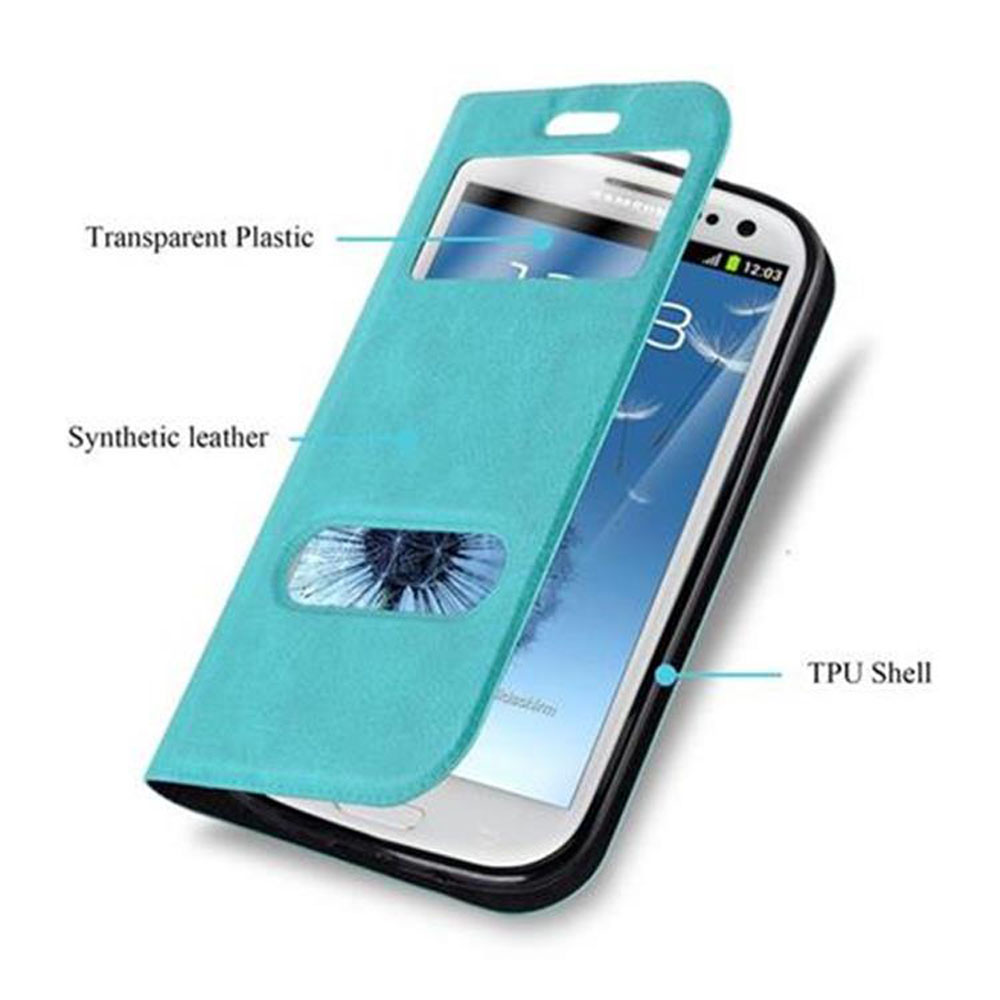 Funda de teléfono azul abierta con teléfono dentro. Detalles: plástico transparente, cuero sintético, carcasa TPU.