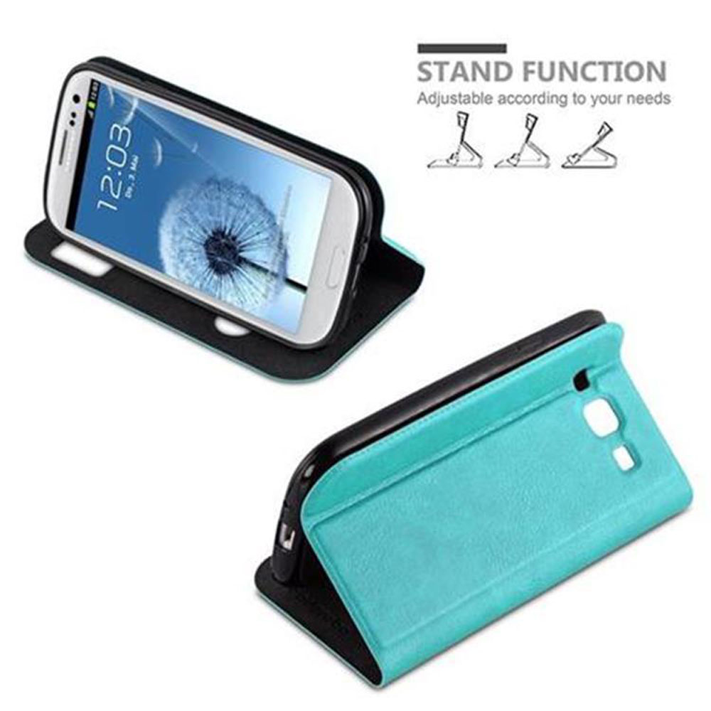 Dos fundas para teléfono, una negra y otra turquesa con un teléfono dentro. La función de soporte se muestra en la imagen.