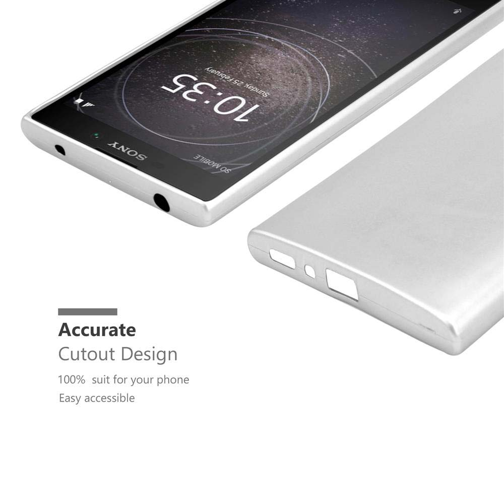 Smartphone argentato con orario, accanto a una custodia argentata. Design con ritaglio preciso.
