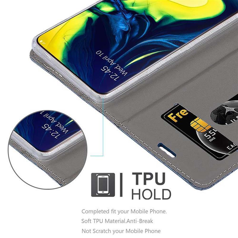 Un telefono in una custodia a portafoglio che mostra uno schermo, con carte di credito e testo sulla custodia.
