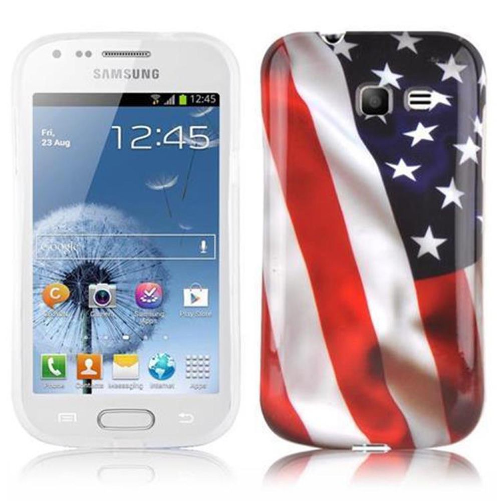 Un telefono Samsung bianco e una custodia con la bandiera americana. Il telefono mostra l'ora.
