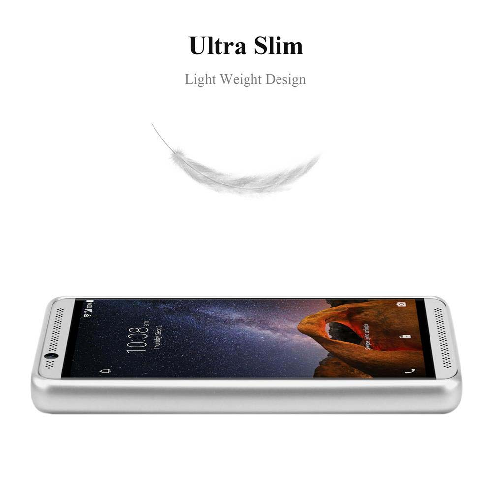 Eine silberne Handyhülle mit einem Telefon und einer weißen Feder oben.