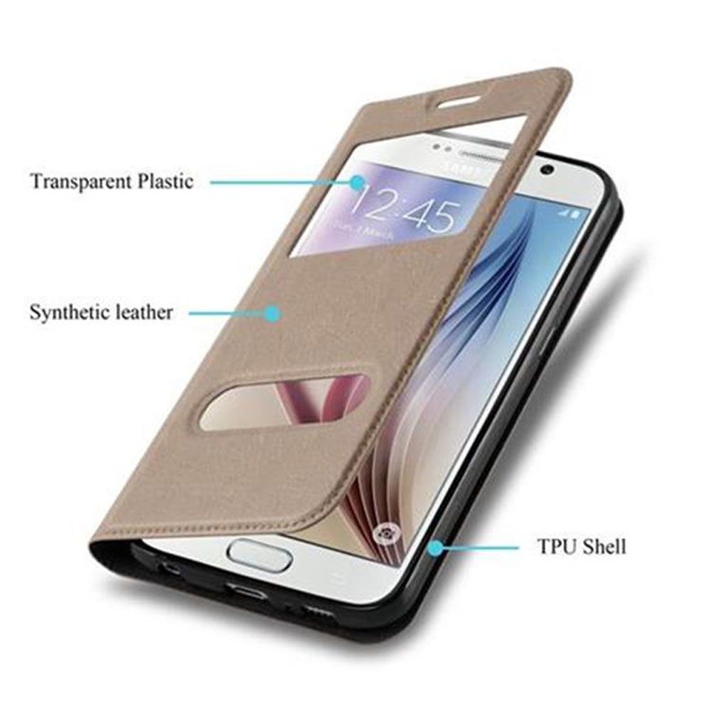 Telefono in custodia di pelle beige, aperto per mostrare lo schermo. Etichette: plastica trasparente, pelle sintetica e guscio in TPU.