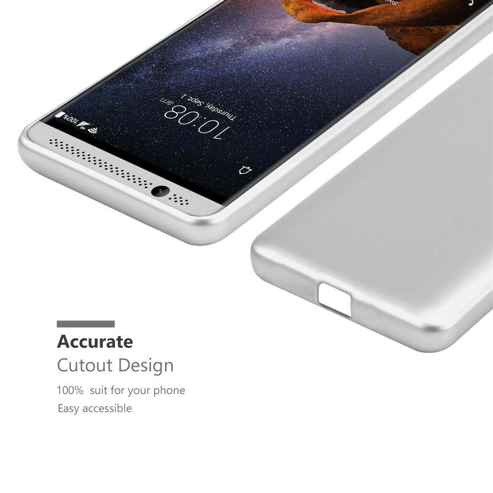 Ein Telefon in der Nähe einer silbernen Handyhülle. Der Text lautet Accurate Cutout Design und 100% suit for your phone.