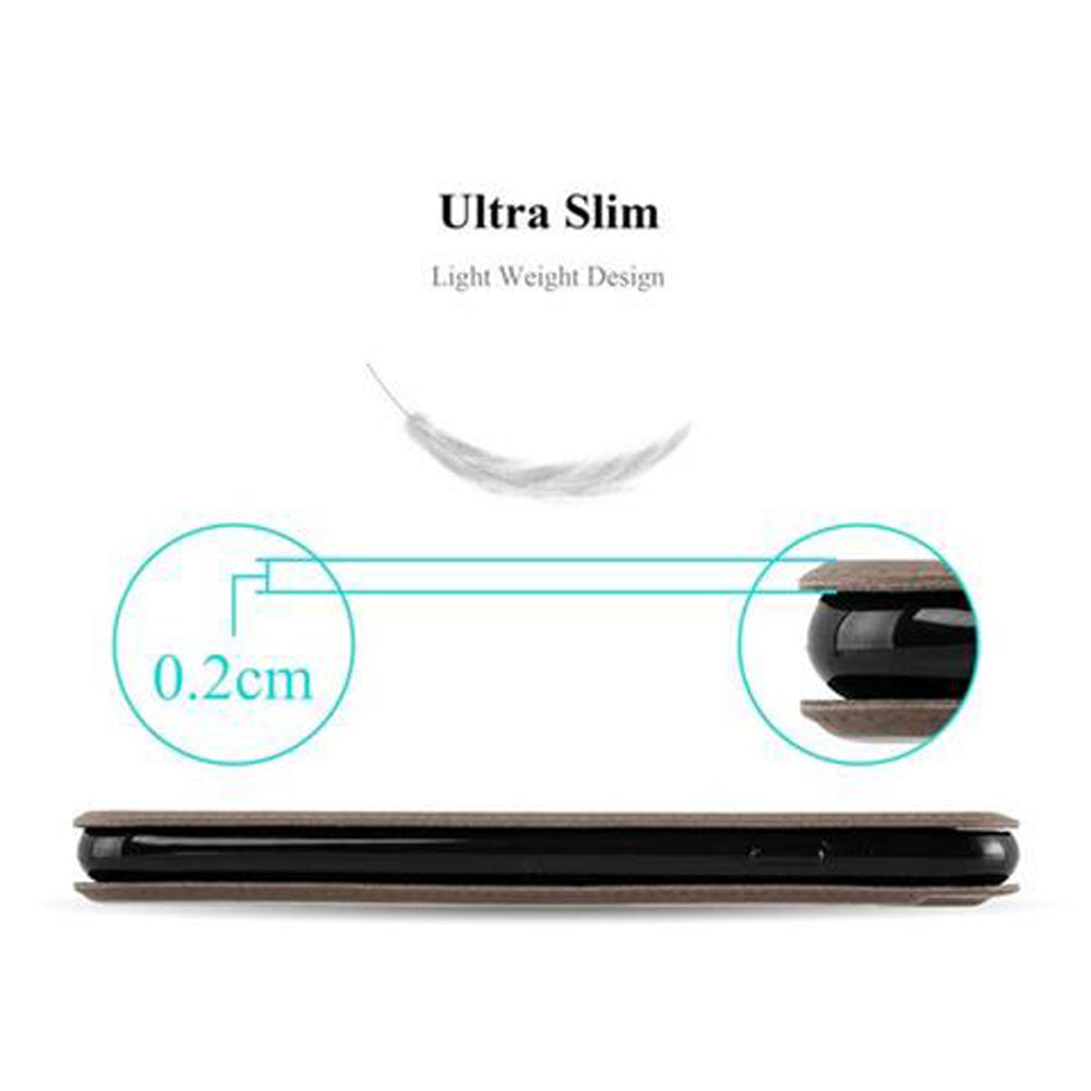 Sezione trasversale della custodia del telefono con testo: Ultra Slim. Viene misurata una piuma e lo spessore della custodia.
