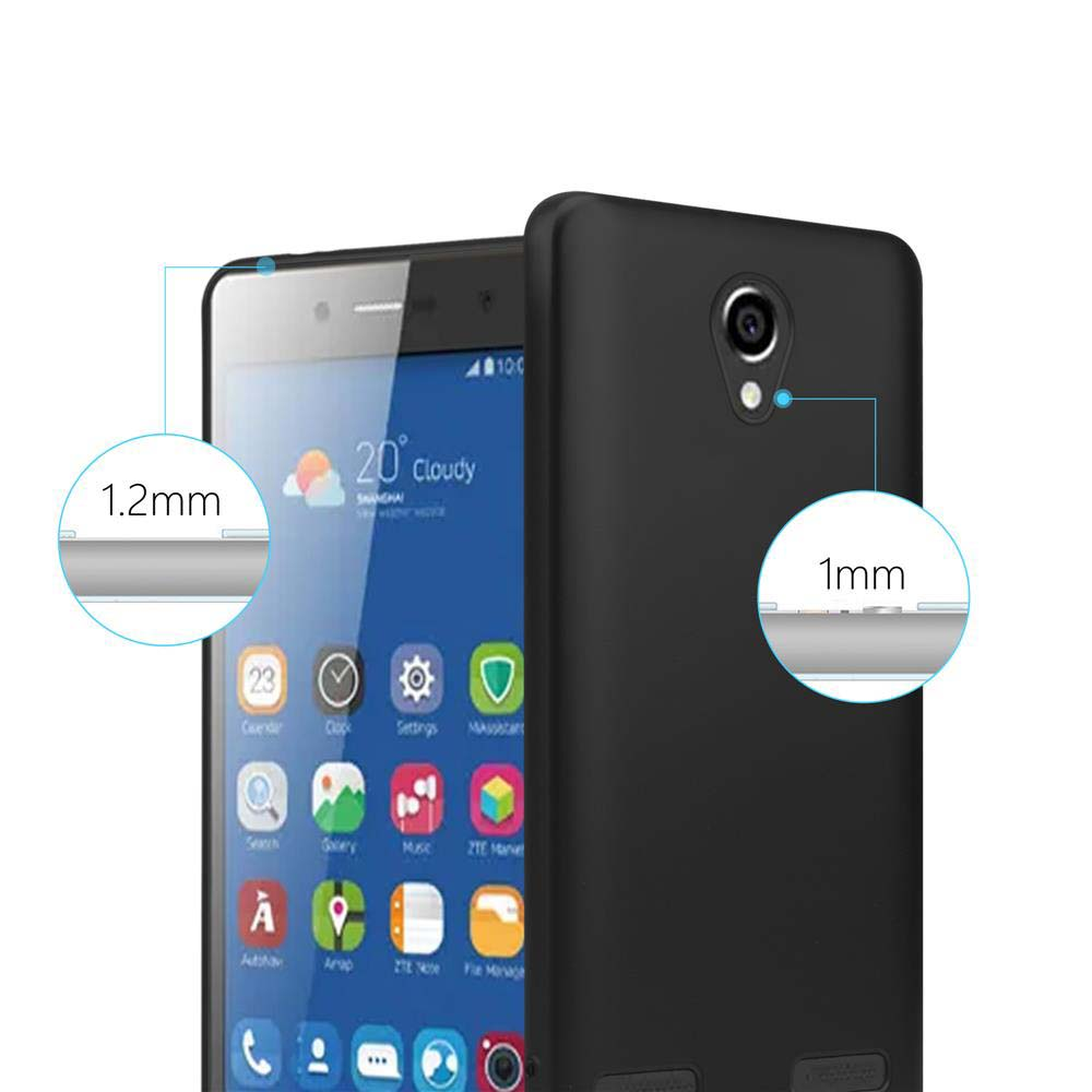 Ein Telefon in einer schwarzen Hülle. Die Dicke des Telefons wird gemessen. Der Bildschirm ist an und zeigt Informationen.