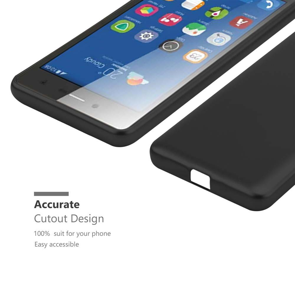 Schwarze Handyhülle mit Telefon, abgewinkelt. Text: Accurate Cutout Design. Weißer Hintergrund.