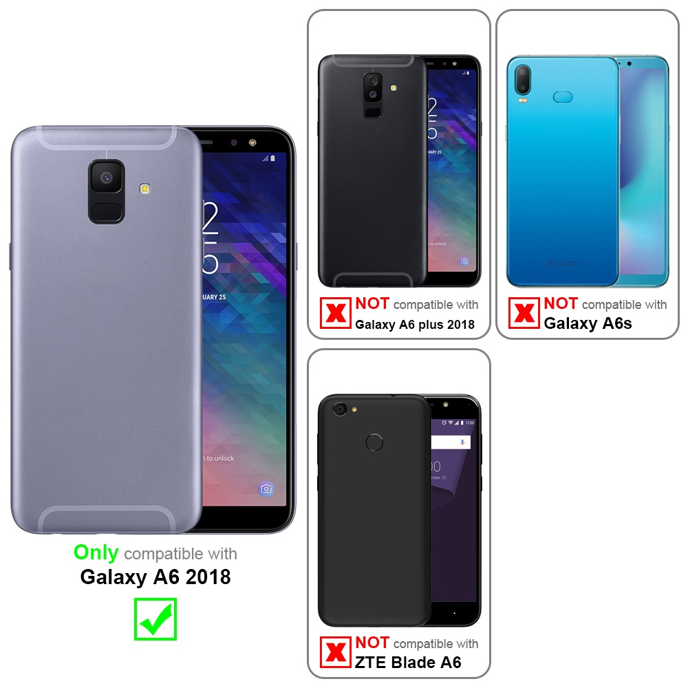 Quattro custodie per telefono. Una viola, tre nere. Solo la viola è compatibile con Galaxy A6 2018.