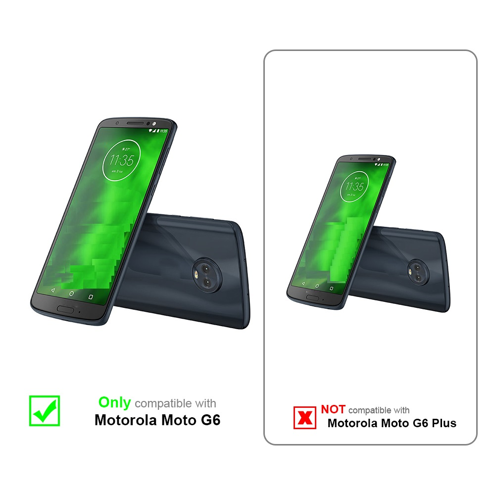 Due telefoni, uno con custodia, l'altro senza. Il testo indica la compatibilità solo con Motorola Moto G6.
