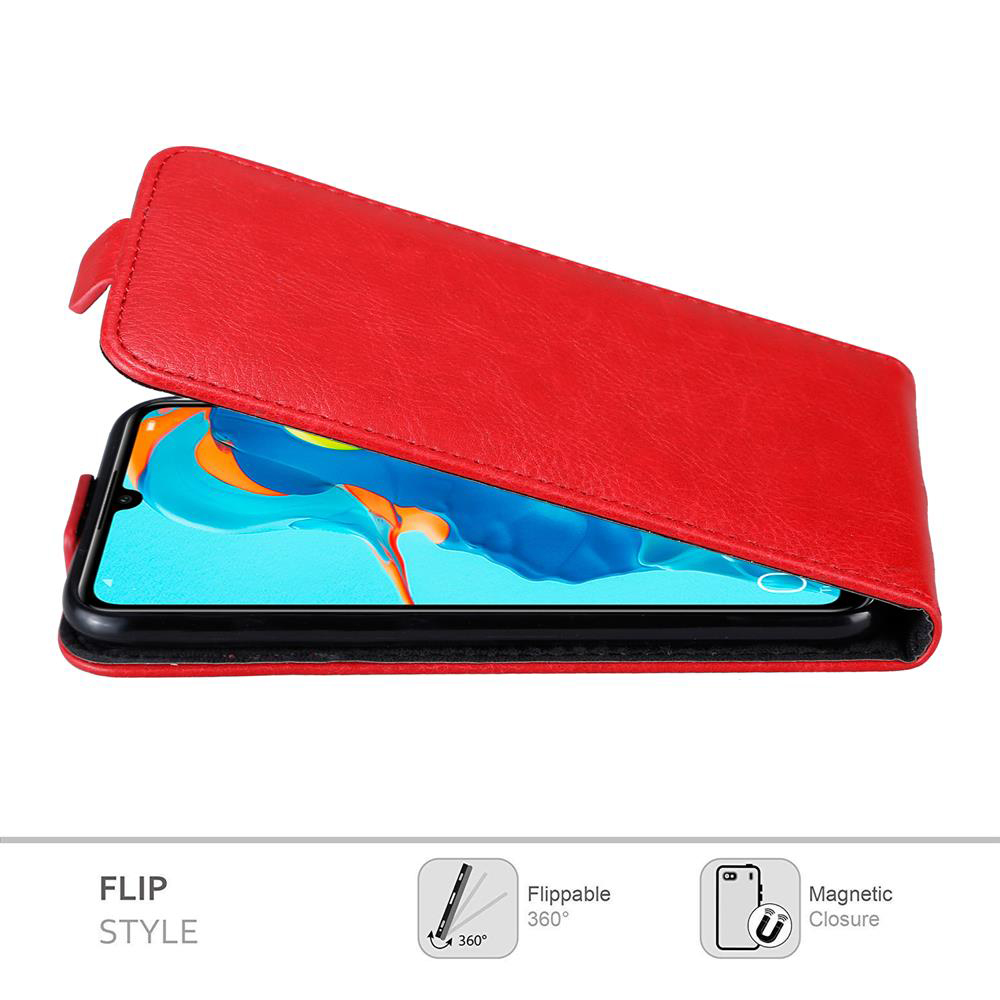 Custodia rossa per telefono, aperta, mostra un telefono. Il telefono è rosso e ha uno schermo. 'Flip Style'.