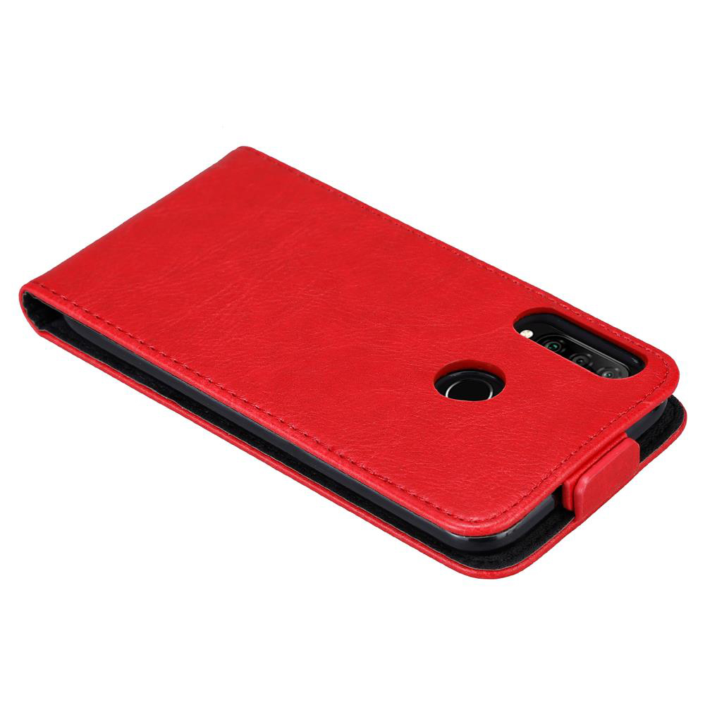 Custodia rossa per telefono, aperta. Interno nero, fori per fotocamera. Design semplice.