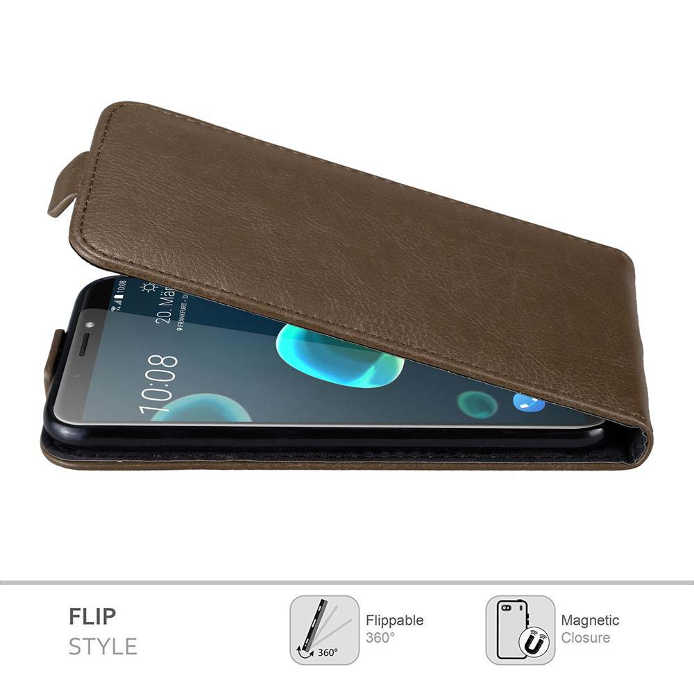 Braune Handyhülle offen mit Telefon. Text: Flip-Stil. Illustrationen eines Flip-Winkels und eines Magnetverschlusses.