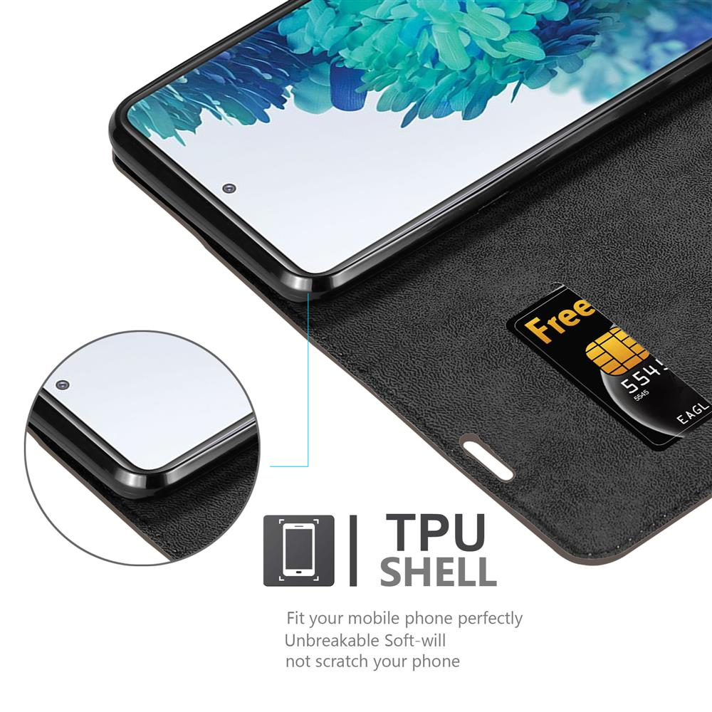 Telefon in einer schwarzen Brieftaschenhülle. Kreditkarte und Geldschein sichtbar.